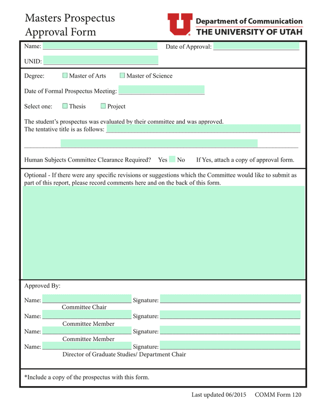 Masters Prospectus Approval Form screenshot