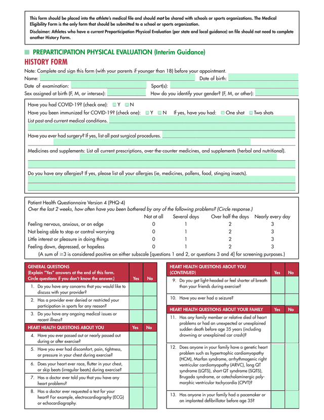 Preparticipation Physical Evaluation History Form screenshot