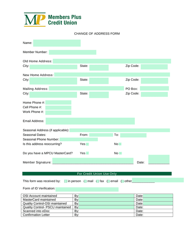 Change Of Address Form screenshot