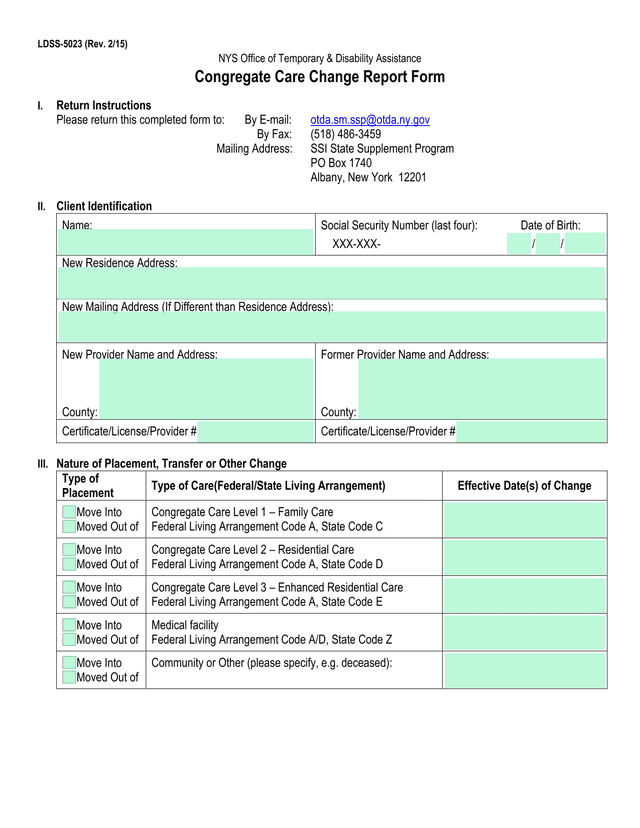 LDSS 5023 Congregate Care Change Report Form screenshot