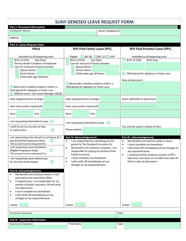 SUNY GENESEO LEAVE REQUEST FORM screenshot