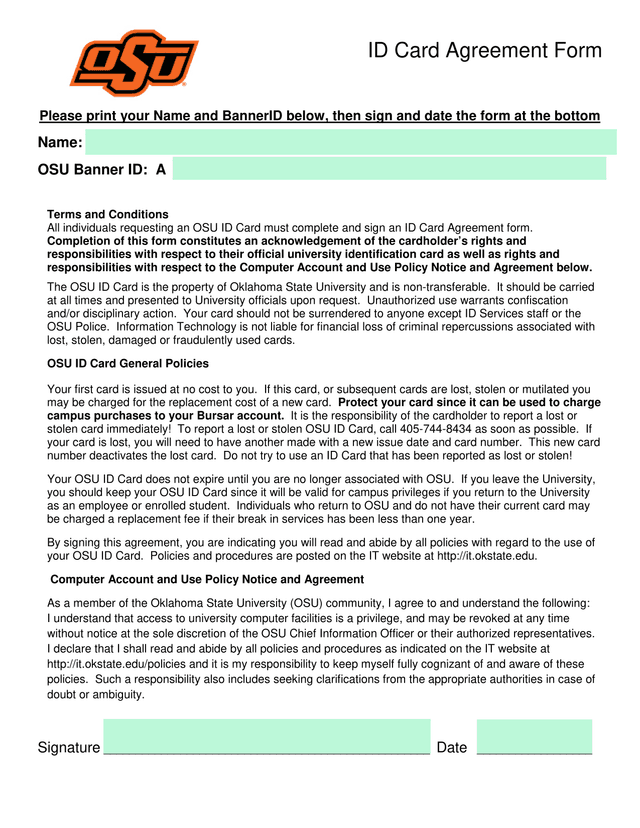 ID Card Agreement Form screenshot