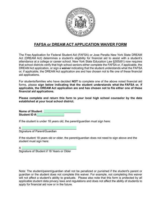 FAFSA Or DREAM ACT APPLICATION WAIVER FORM screenshot