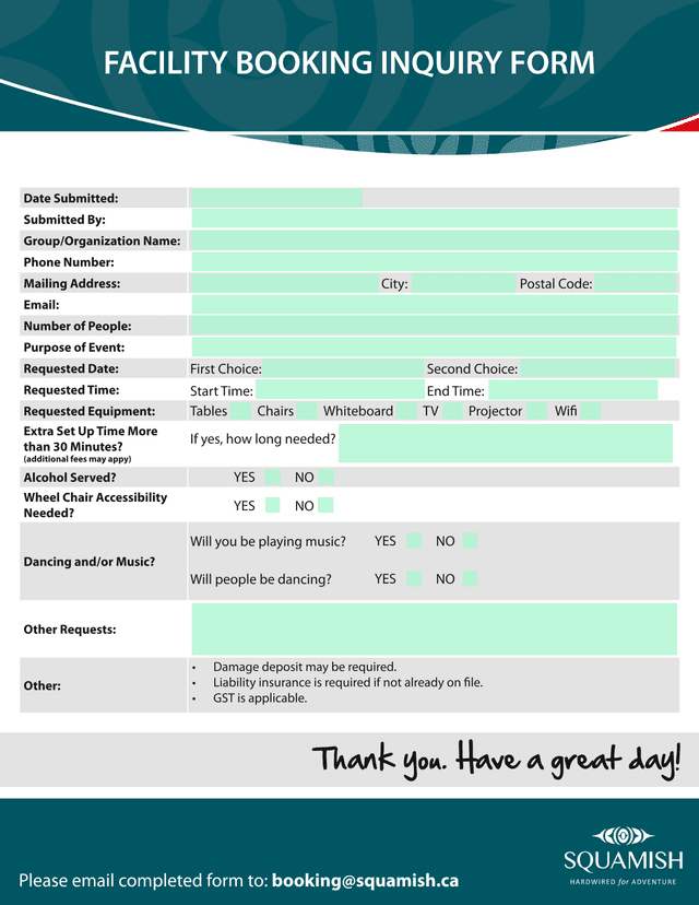 Facility Booking Inquiry Form screenshot