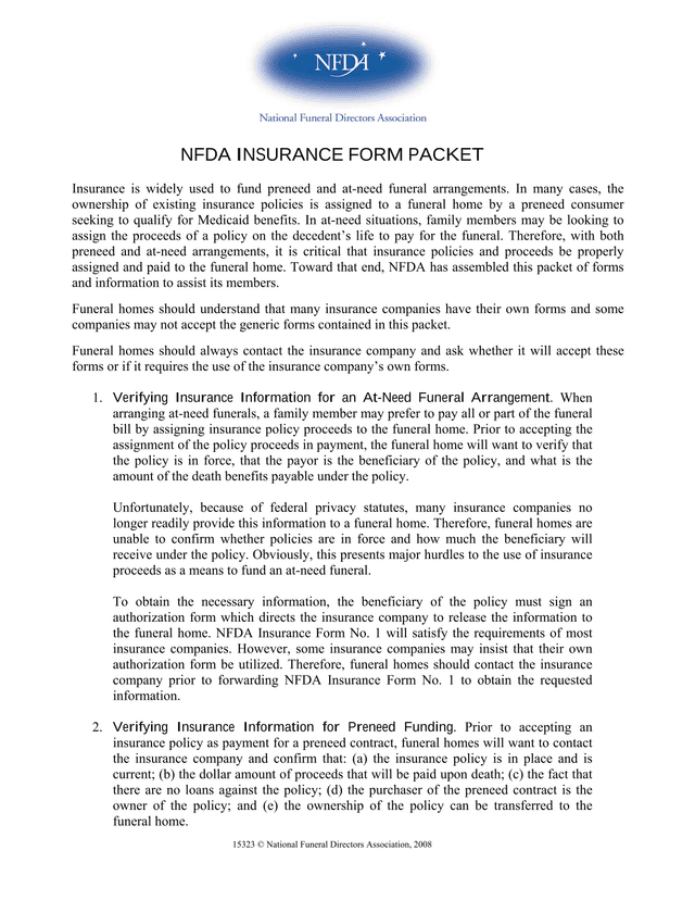NFDA INSURANCE FORM PACKET screenshot