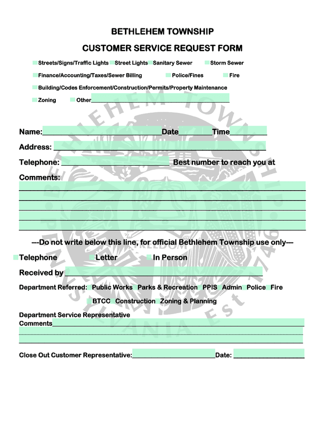 Bethlehem Township Customer Service Request Form screenshot