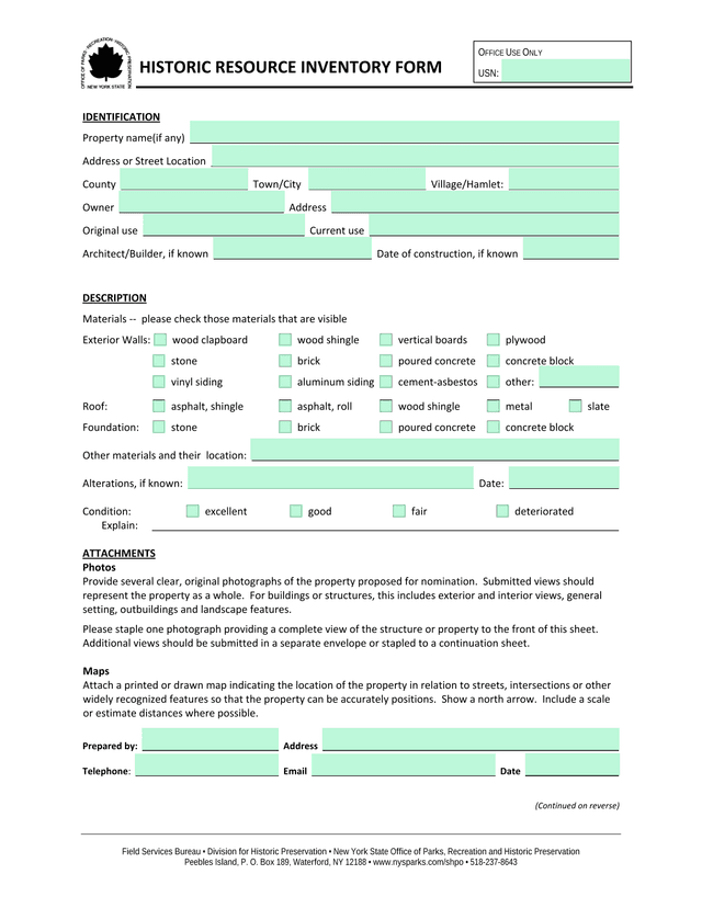 Historic Resource Inventory Form screenshot