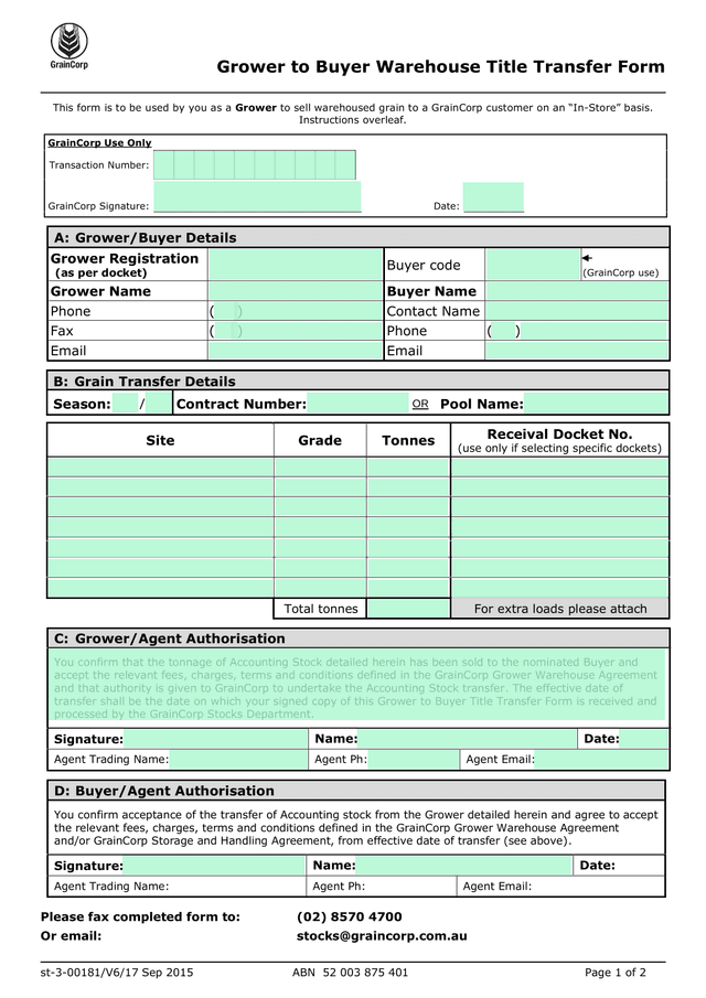 Grower To Buyer Warehouse Title Transfer Form screenshot