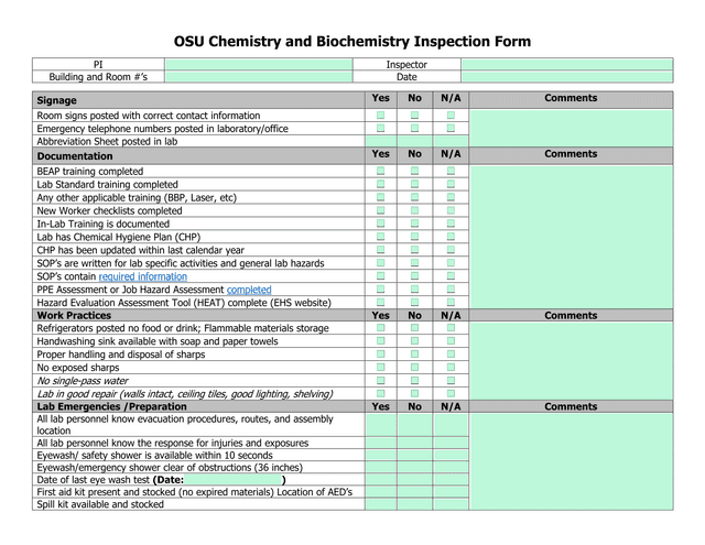 OSU Chemistry And Biochemistry Inspection Form screenshot