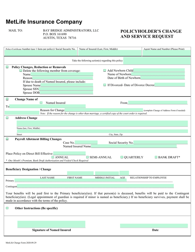 POLICYHOLDERS CHANGE AND SERVICE REQUEST screenshot