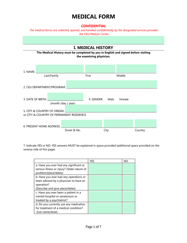 MEDICAL FORM screenshot