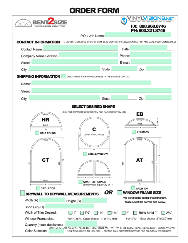 Window Frame Order Form screenshot