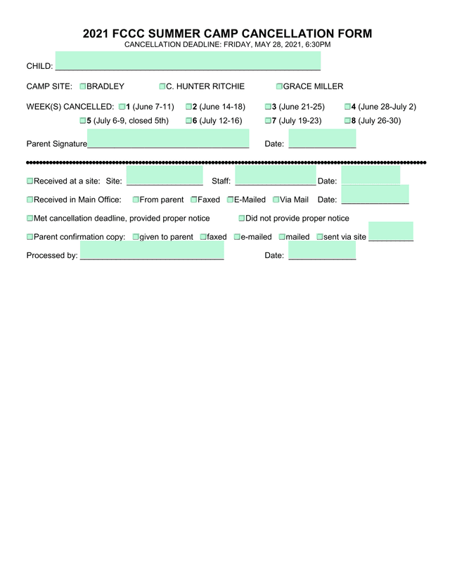 2021 FCCC Summer Camp Cancellation Form screenshot