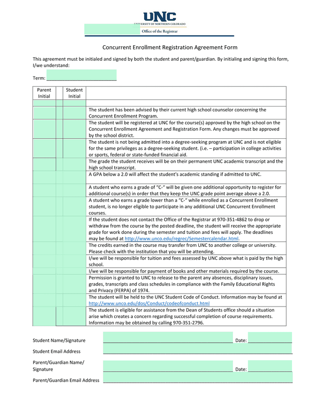 Concurrent Enrollment Registration Agreement Form screenshot