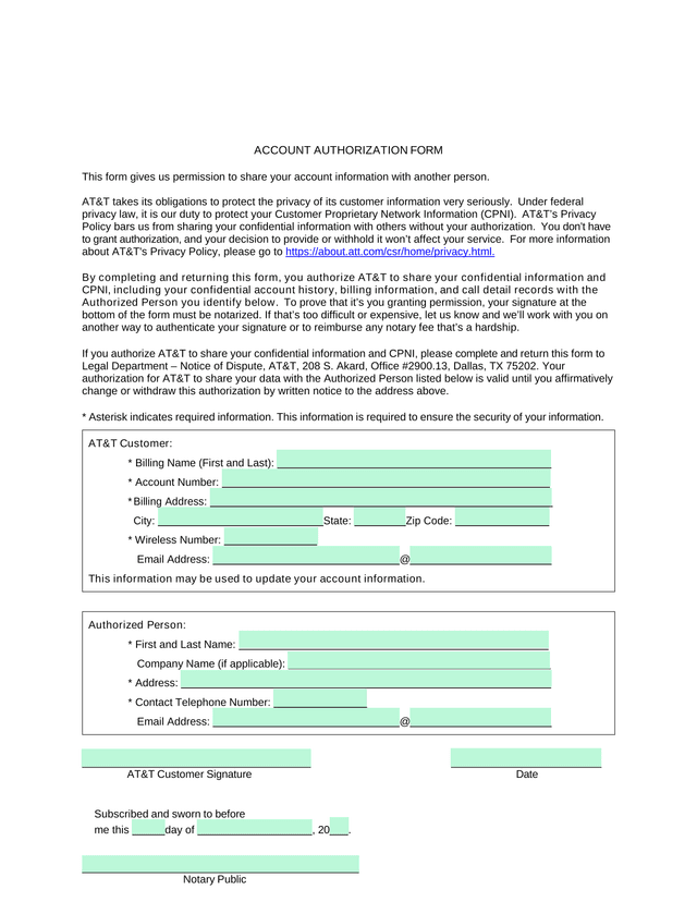 Account Authorization Form screenshot