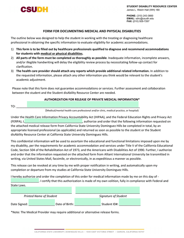 Form For Documenting Medical And Physical Disabilities screenshot