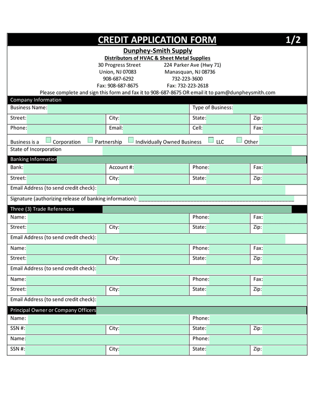 CREDIT APPLICATION FORM screenshot