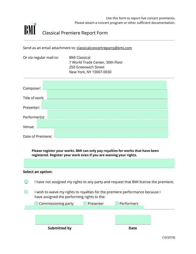 Classical Premiere Report Form screenshot