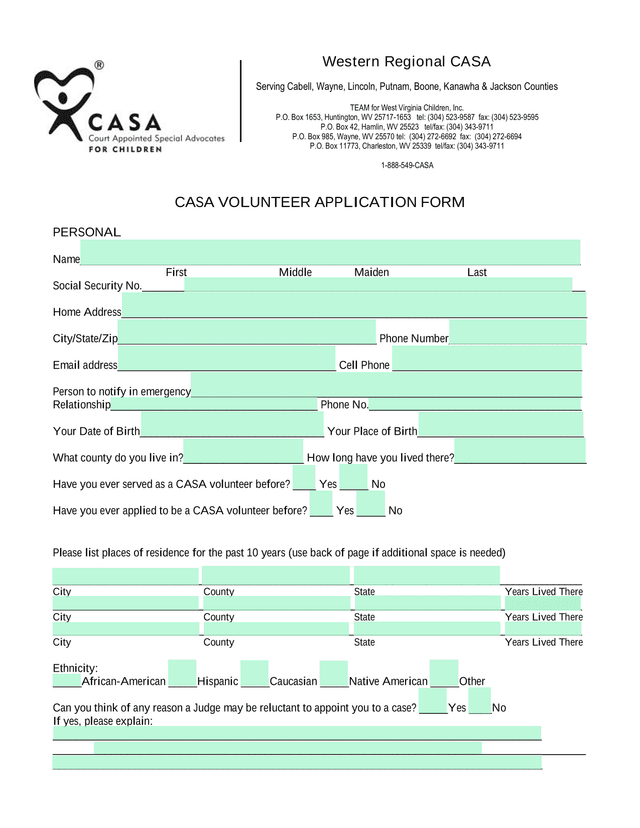CASA Volunteer Application Form screenshot