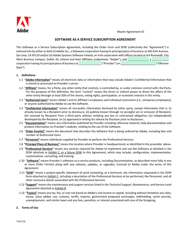 Software As A Service Subscription Agreement screenshot