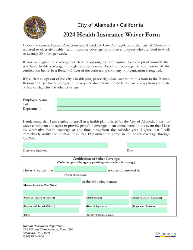 2024 Health Insurance Waiver Form screenshot