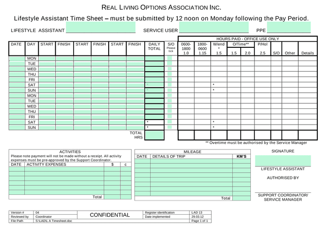 Lifestyle Assistant Time Sheet screenshot