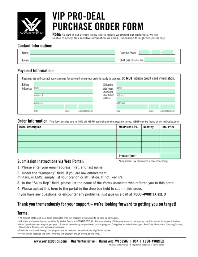 VIP PRO DEAL PURCHASE ORDER FORM screenshot
