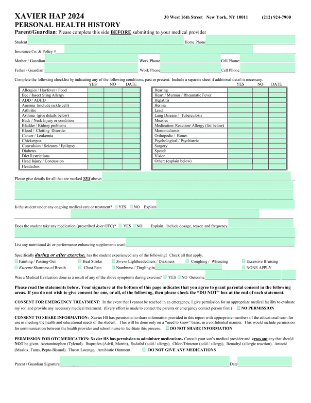XAVIER HAP 2024 Personal Health History screenshot