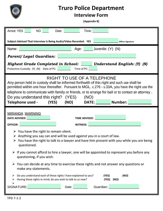 Truro Police Department Interview Form screenshot