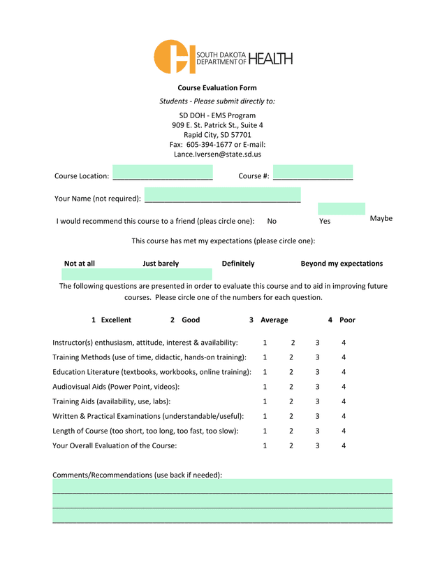 Course Evaluation Form screenshot