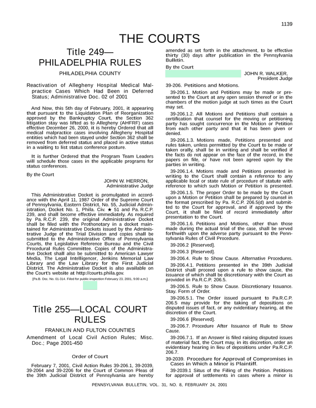 Administrative Doc. 02 Of 2001   Reactivation Of Allegheny Hospital Medical Malpractice Cases screenshot