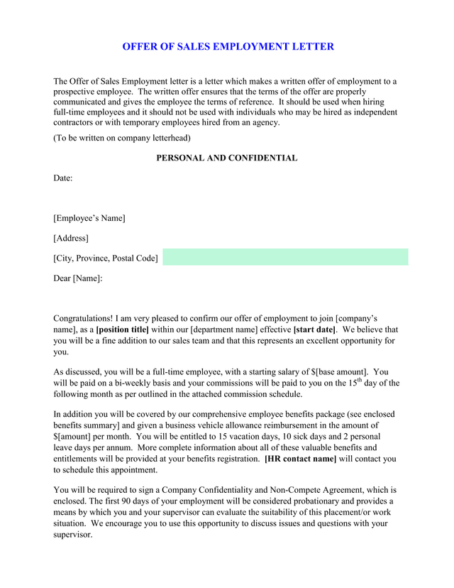 Offer Of Sales Employment Letter screenshot