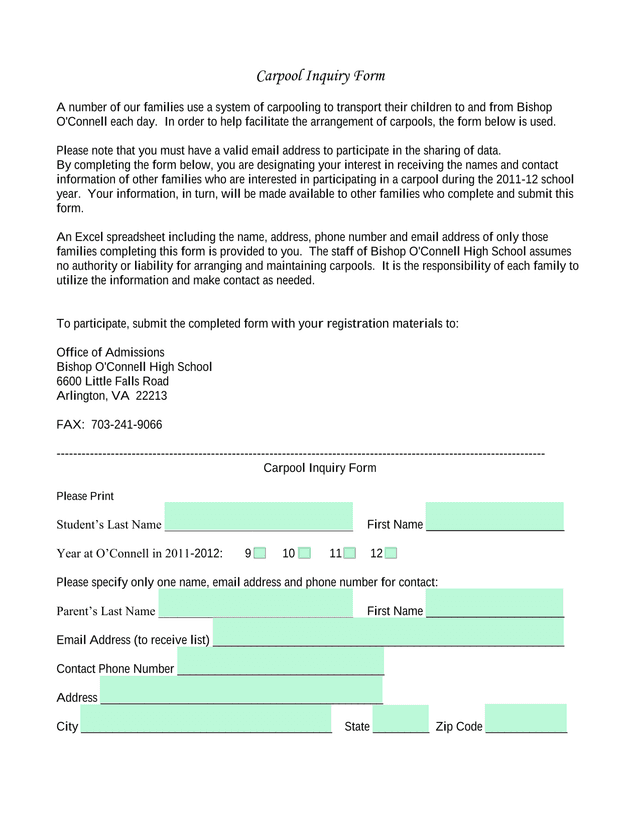 Carpool Inquiry Form screenshot