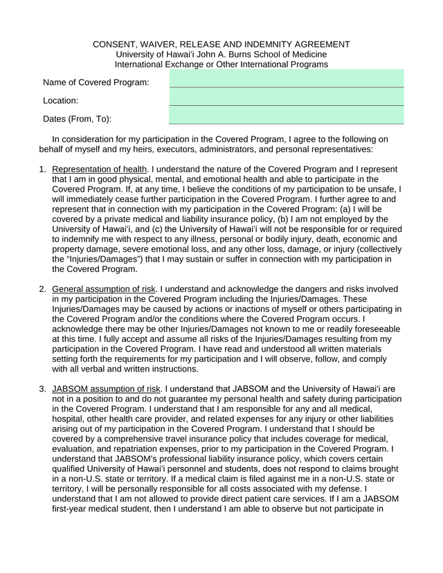 Consent, Waiver, Release And Indemnity Agreement screenshot