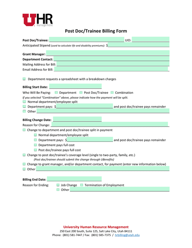 Post DocTrainee Billing Form screenshot