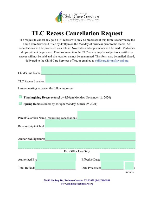 TLC Recess Cancellation Request screenshot