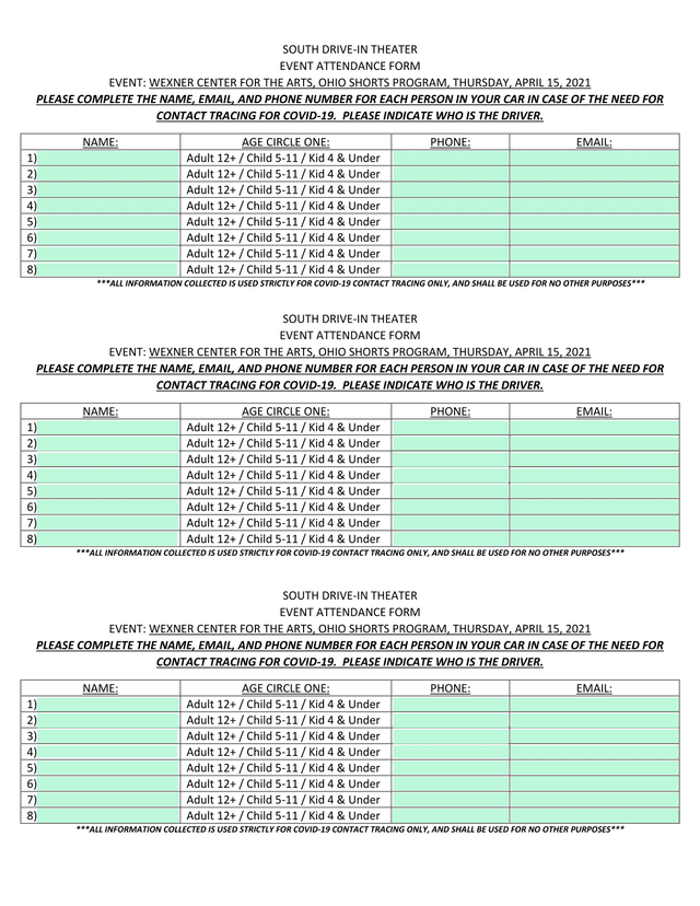 South Drive In Theater Event Attendance Form screenshot