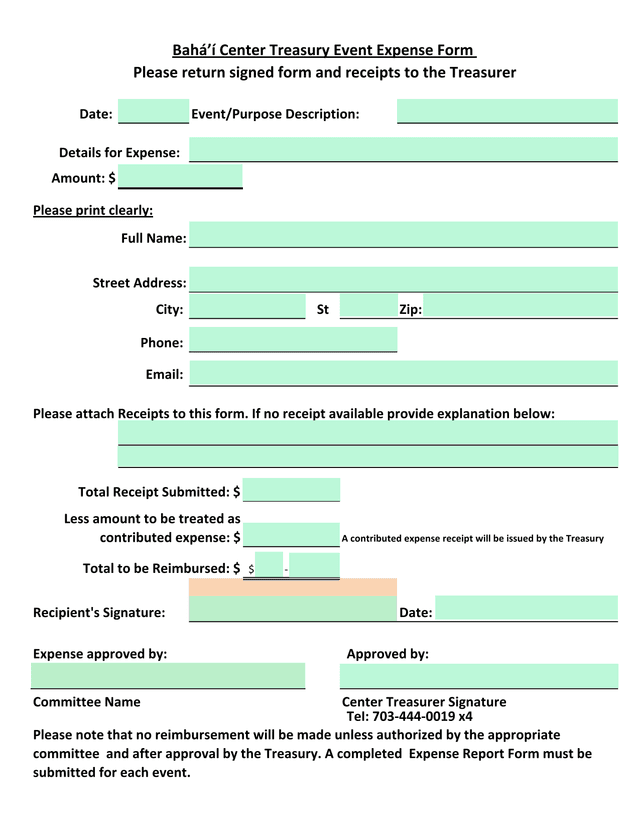 Bah Center Treasury Event Expense Form screenshot