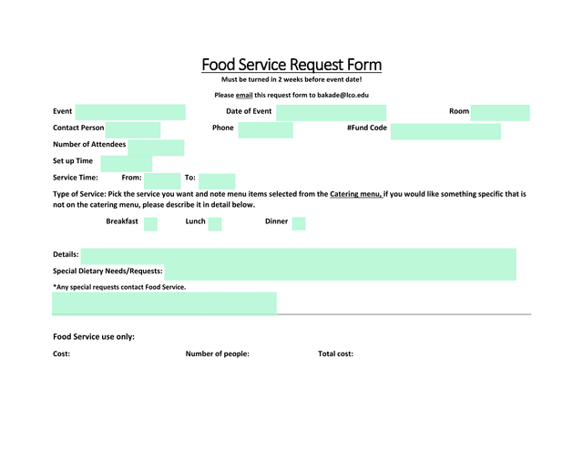 Food Service Request Form screenshot