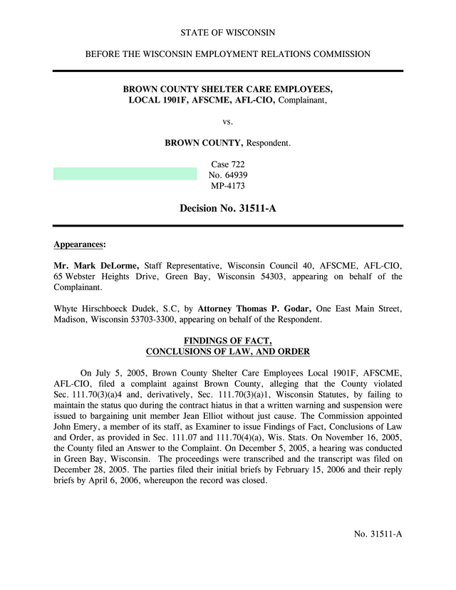 Brown County Shelter Care Employees, Local 1901F, AFSCME, AFL CIO V. Brown County screenshot