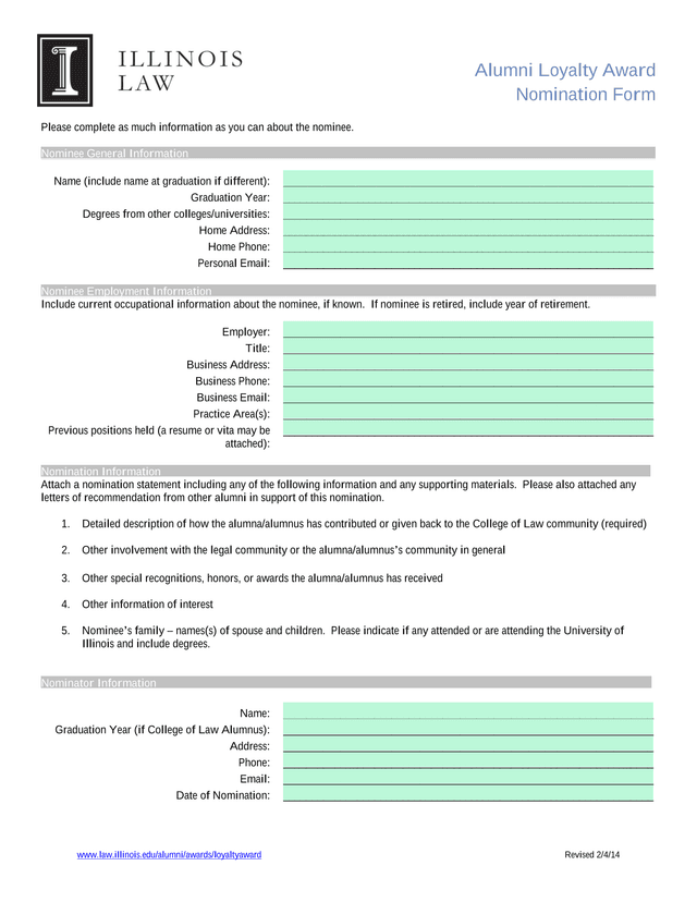Alumni Loyalty Award Nomination Form screenshot