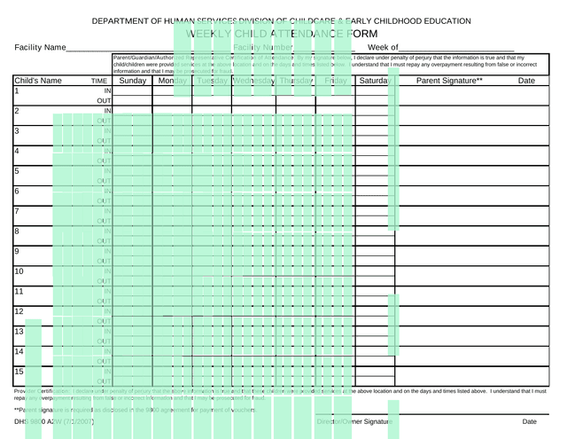 WEEKLY CHILD ATTENDANCE FORM screenshot