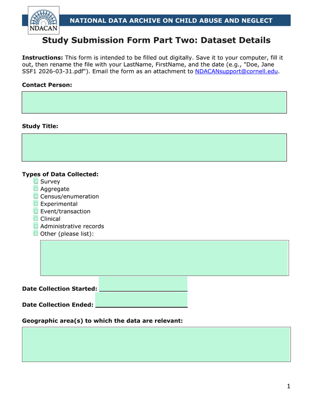 Study Submission Form Part Two Dataset Details screenshot