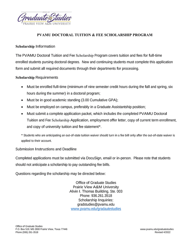 PVAMU DOCTORAL TUITION  FEE SCHOLARSHIP PROGRAM APPLICATION screenshot