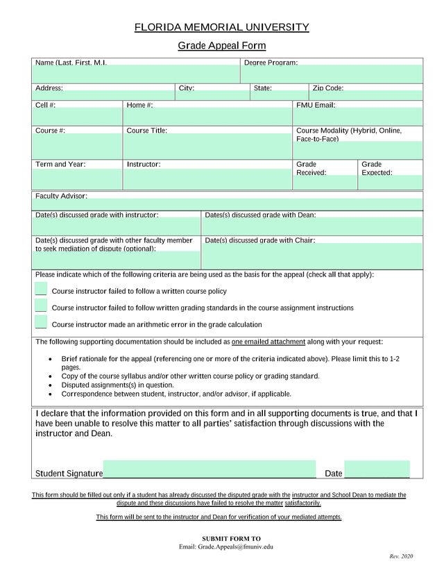 Florida Memorial University Grade Appeal Form screenshot