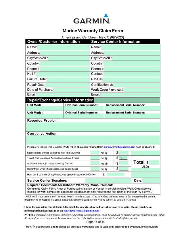 Marine Warranty Claim Form screenshot
