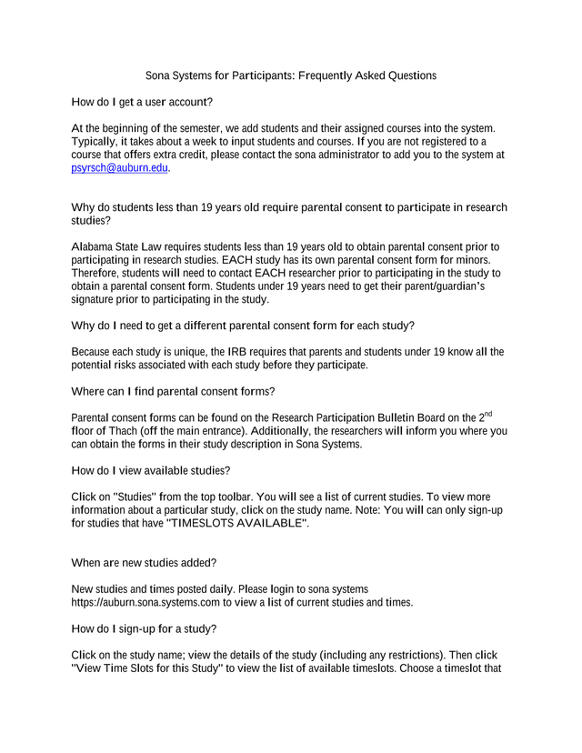 Sona Systems For Participants Frequently Asked Questions screenshot