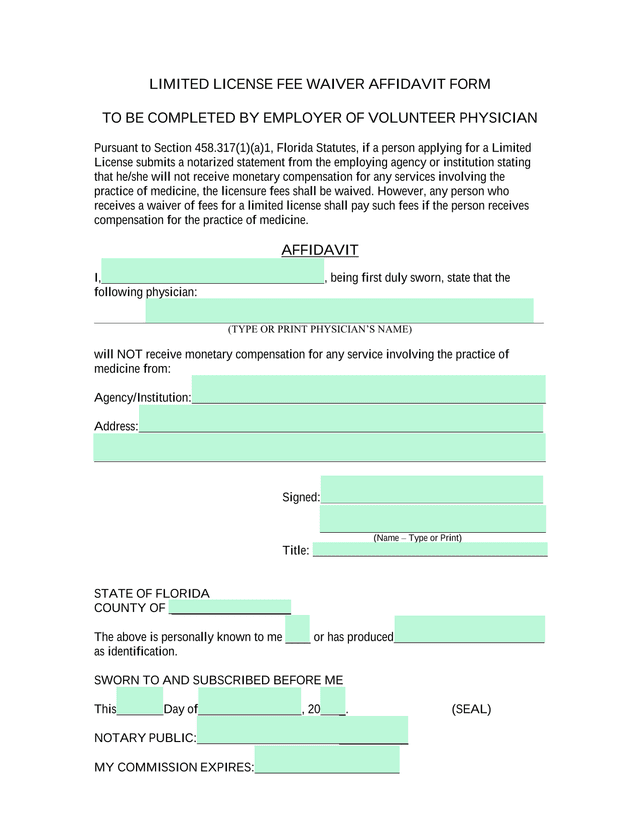 Limited License Fee Waiver Affidavit Form screenshot