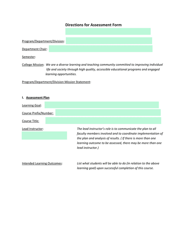 Directions For Assessment Form screenshot