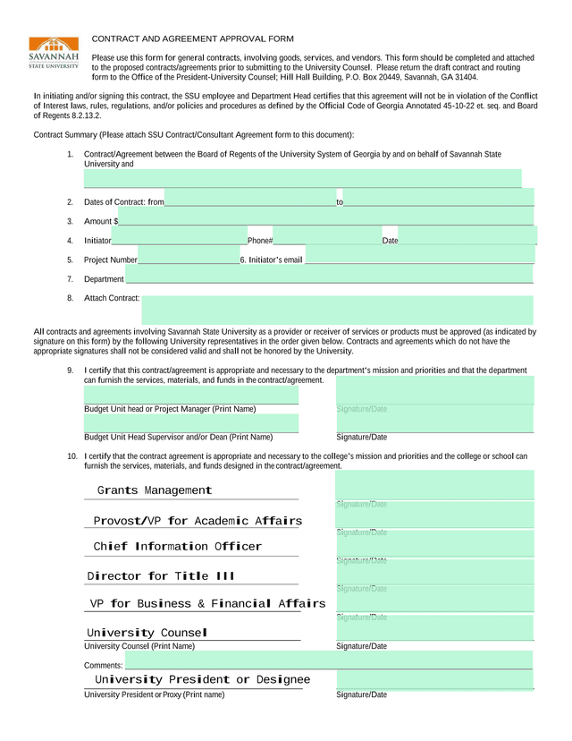 CONTRACT AND AGREEMENT APPROVAL FORM screenshot